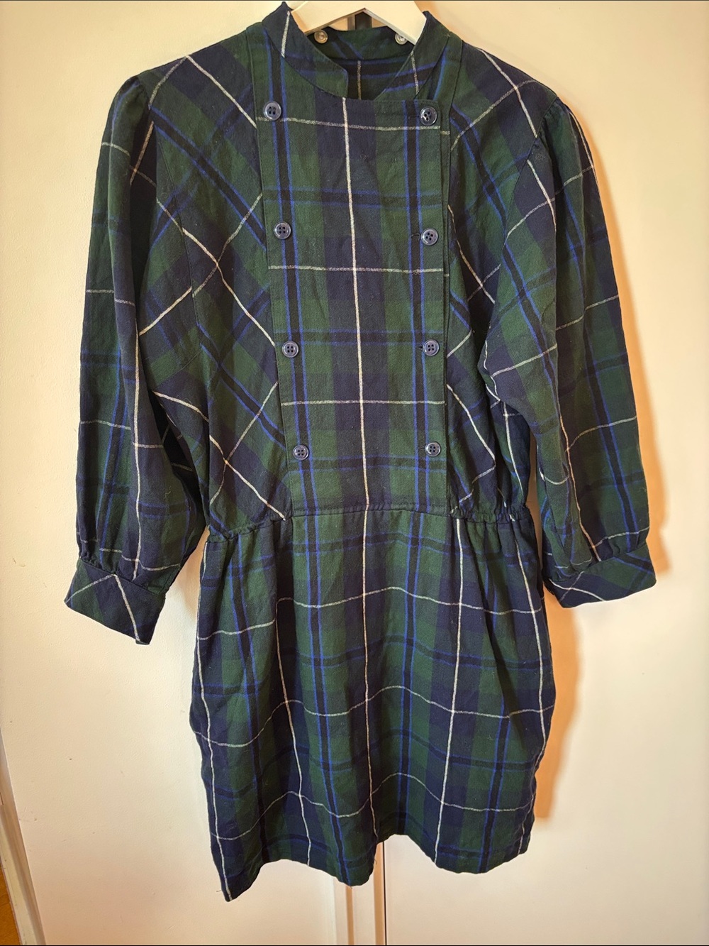 Vintage Navy and Green Plaid Button-Front Mini Dress